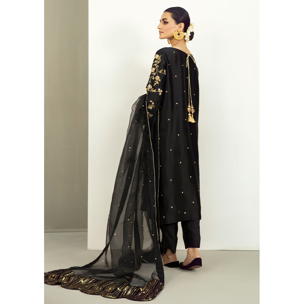 Black Hand-Embellished Pure Tissue Silk Kurta Set (3-Piece) - Image 3