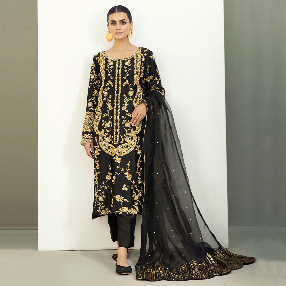 Black Hand-Embellished Pure Tissue Silk Kurta Set (3-Piece) - Image 4