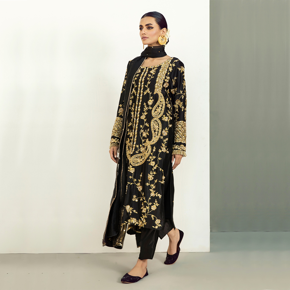 Black Hand-Embellished Pure Tissue Silk Kurta Set (3-Piece) - Image 5