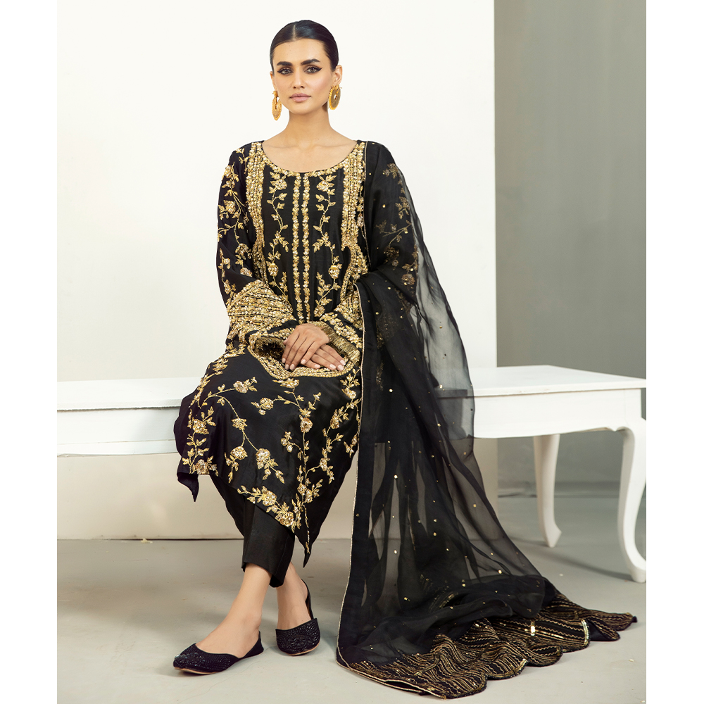 Black Hand-Embellished Pure Tissue Silk Kurta Set (3-Piece) - Image 6