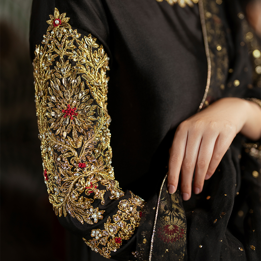 Black Hand-Embellished Pure Tissue Silk Long Shirt (3-Piece) - Image 2