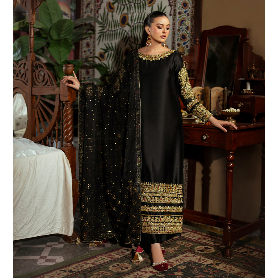 Black Hand-Embellished Pure Tissue Silk Long Shirt (3-Piece) - Image 3