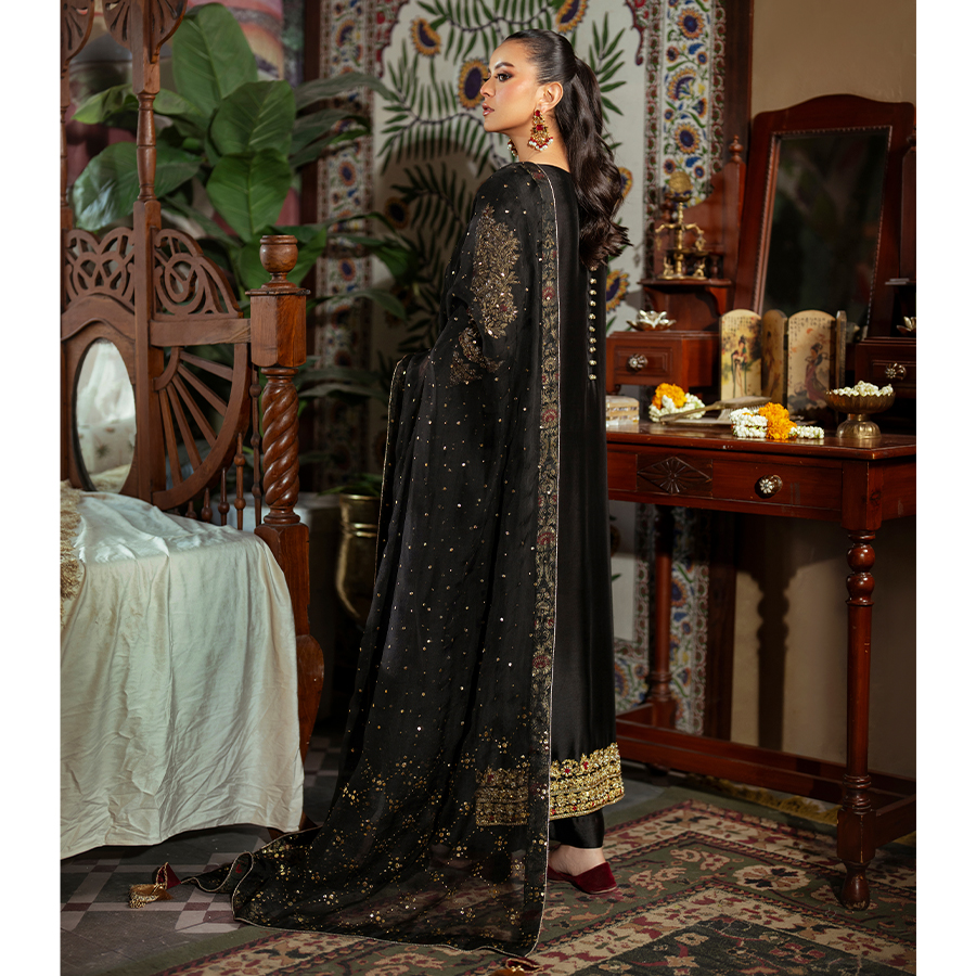 Black Hand-Embellished Pure Tissue Silk Long Shirt (3-Piece) - Image 4