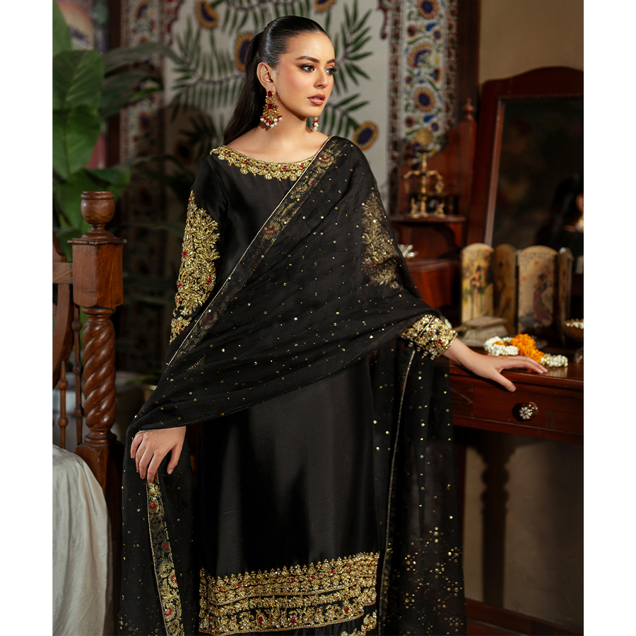 Black Hand-Embellished Pure Tissue Silk Long Shirt (3-Piece) - Image 5