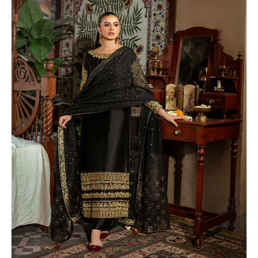 Black Hand-Embellished Pure Tissue Silk Long Shirt (3-Piece) - Image 6