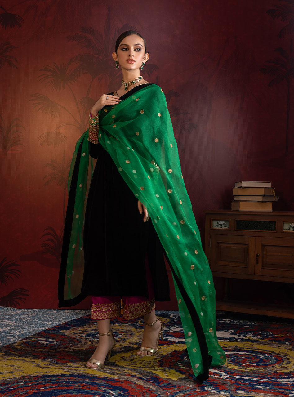 Pakistani Black Embellished Velvet Salwar Kameez (3-Piece) - Image 2