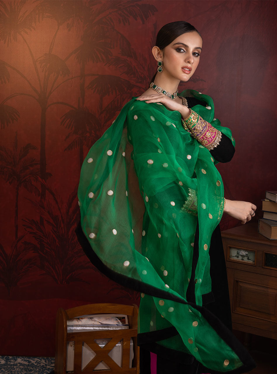 Pakistani Black Embellished Velvet Salwar Kameez (3-Piece) - Image 4