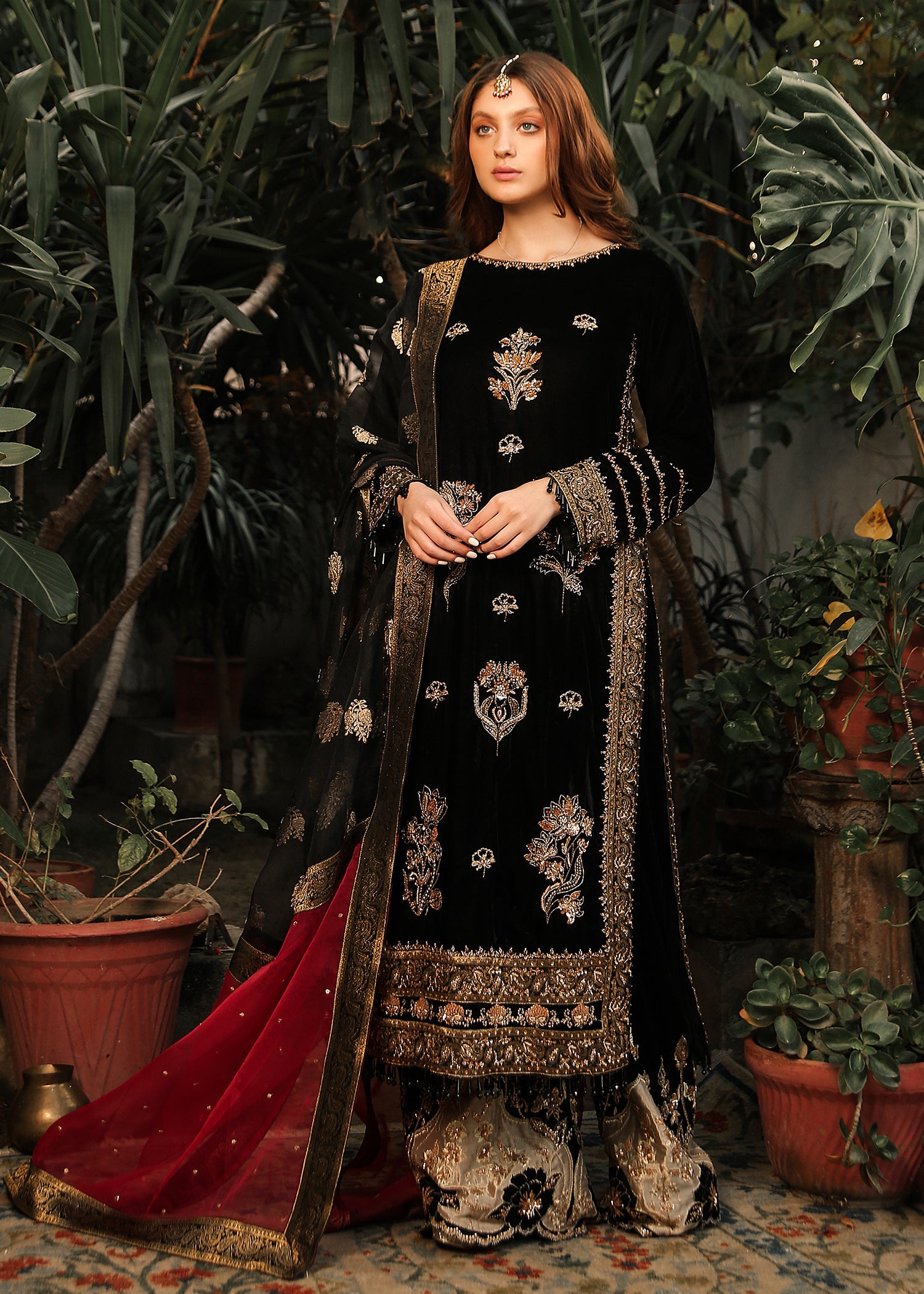 Pakistani Black Embroidered Velvet Salwar Kameez (3-Piece) - Image 1