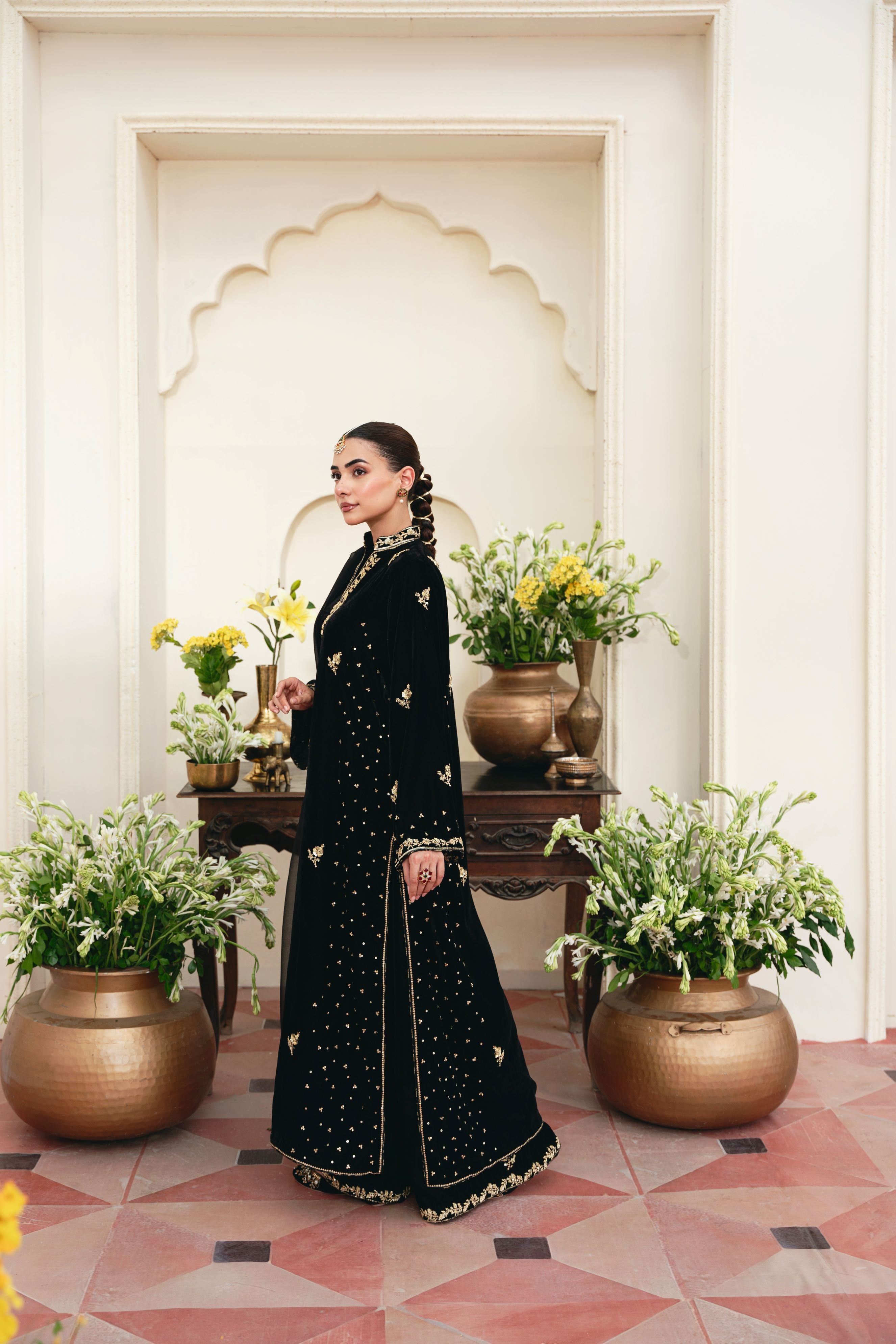 Black Hand-Embellished Velvet Salwar Kameez (3-Piece) - Image 2