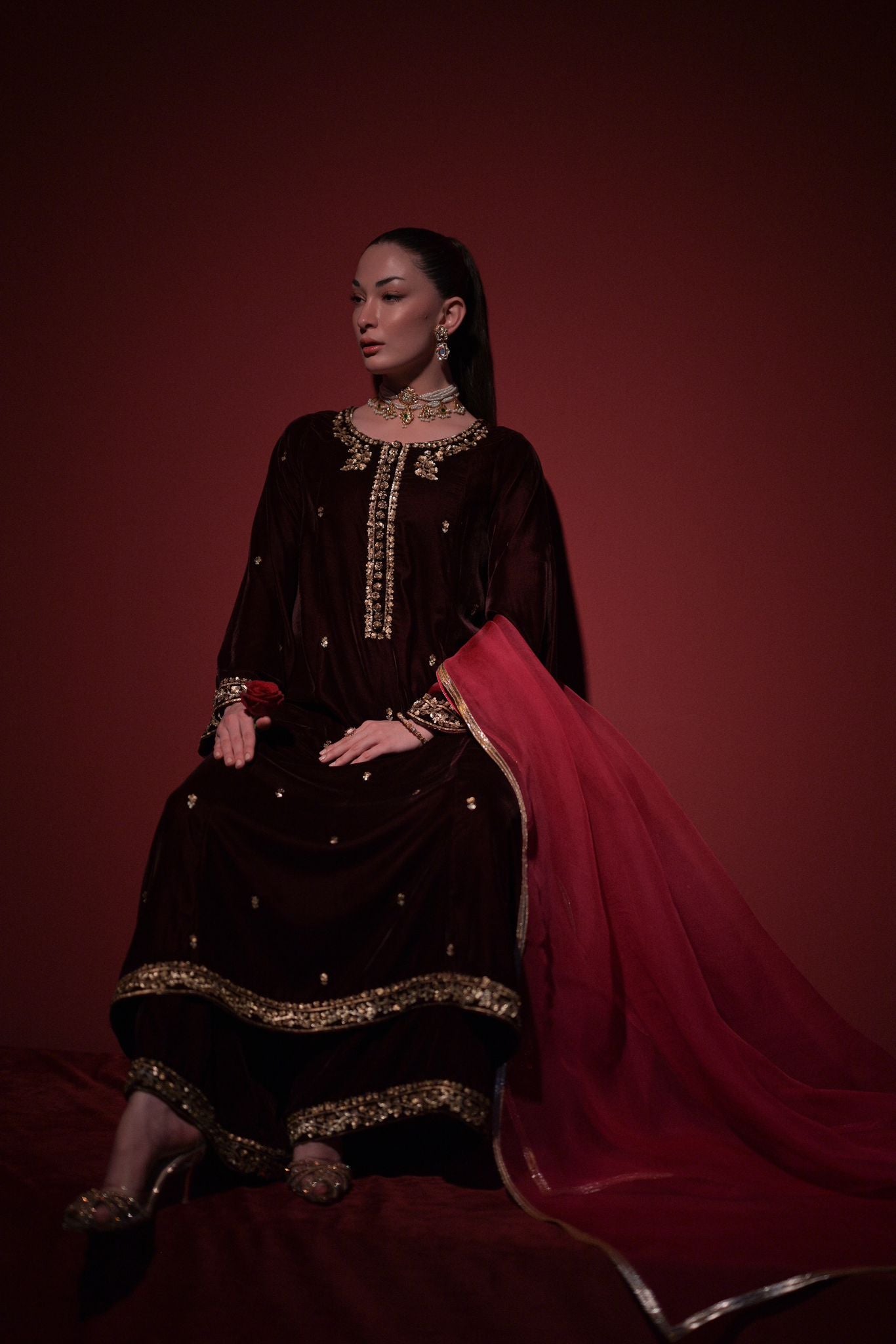 Black Hand-Embroidered Velvet Salwar Kameez (3-Piece) - Image 1