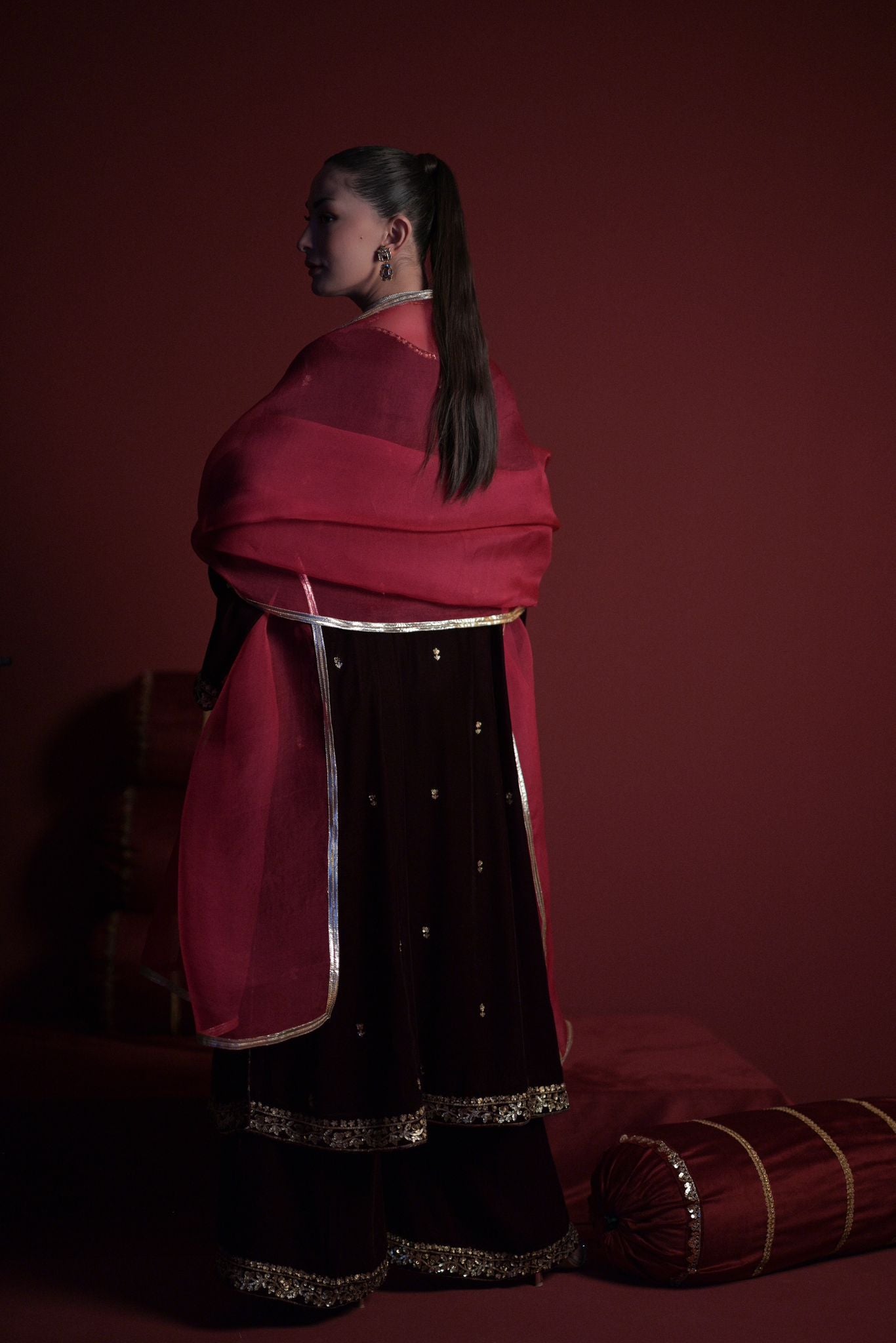 Black Hand-Embroidered Velvet Salwar Kameez (3-Piece) - Image 2