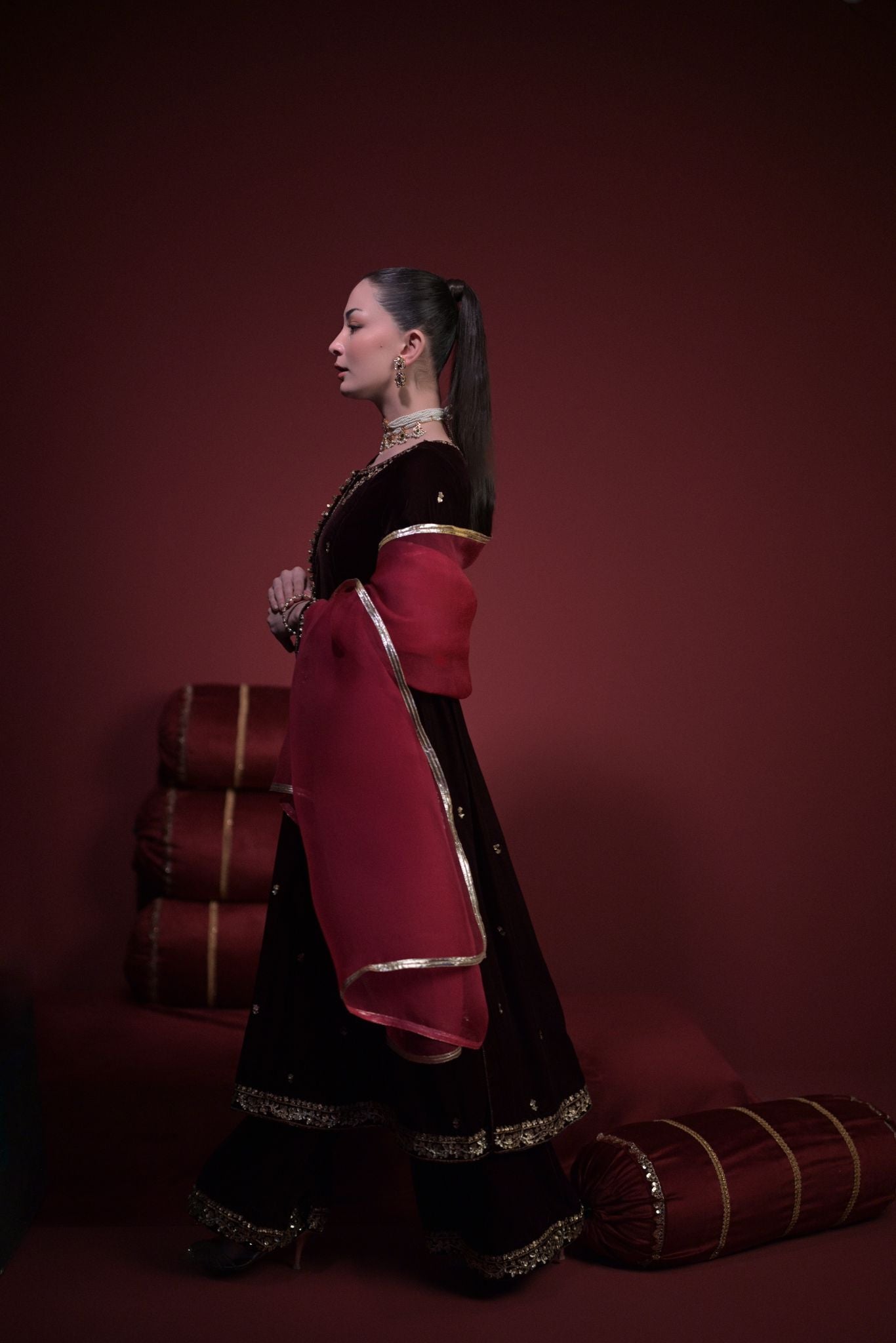 Black Hand-Embroidered Velvet Salwar Kameez (3-Piece) - Image 5