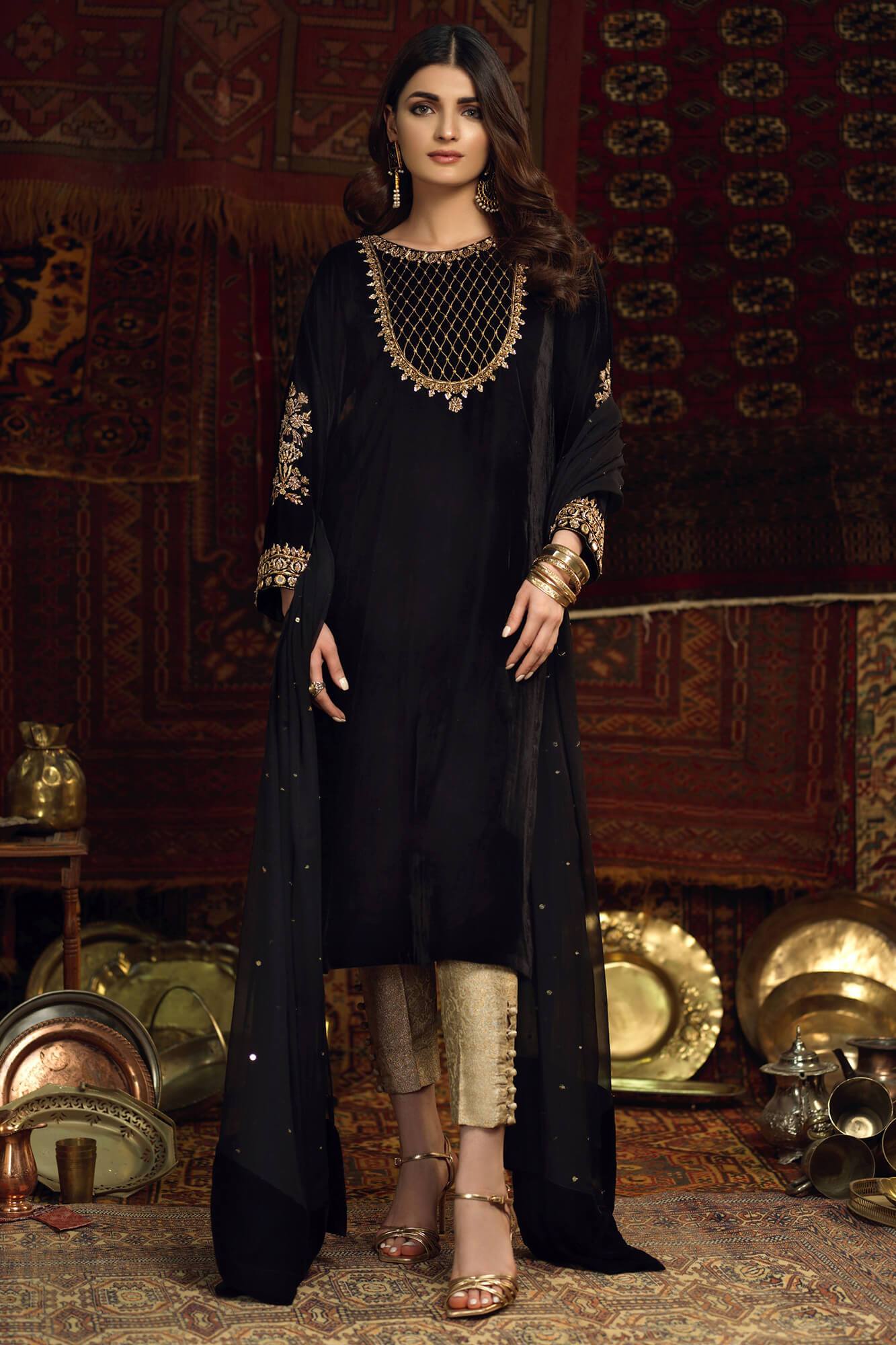 Pakistani Black Embroidered Velvet Salwar Kameez (3-Piece) - Image 2