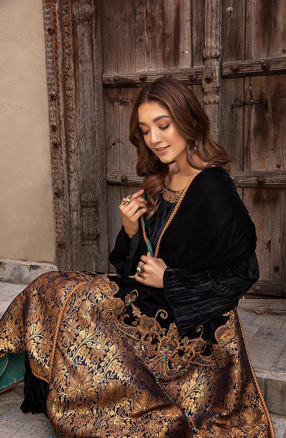 Black Embroidered Velvet Salwar Kameez (3-Piece) - Image 1