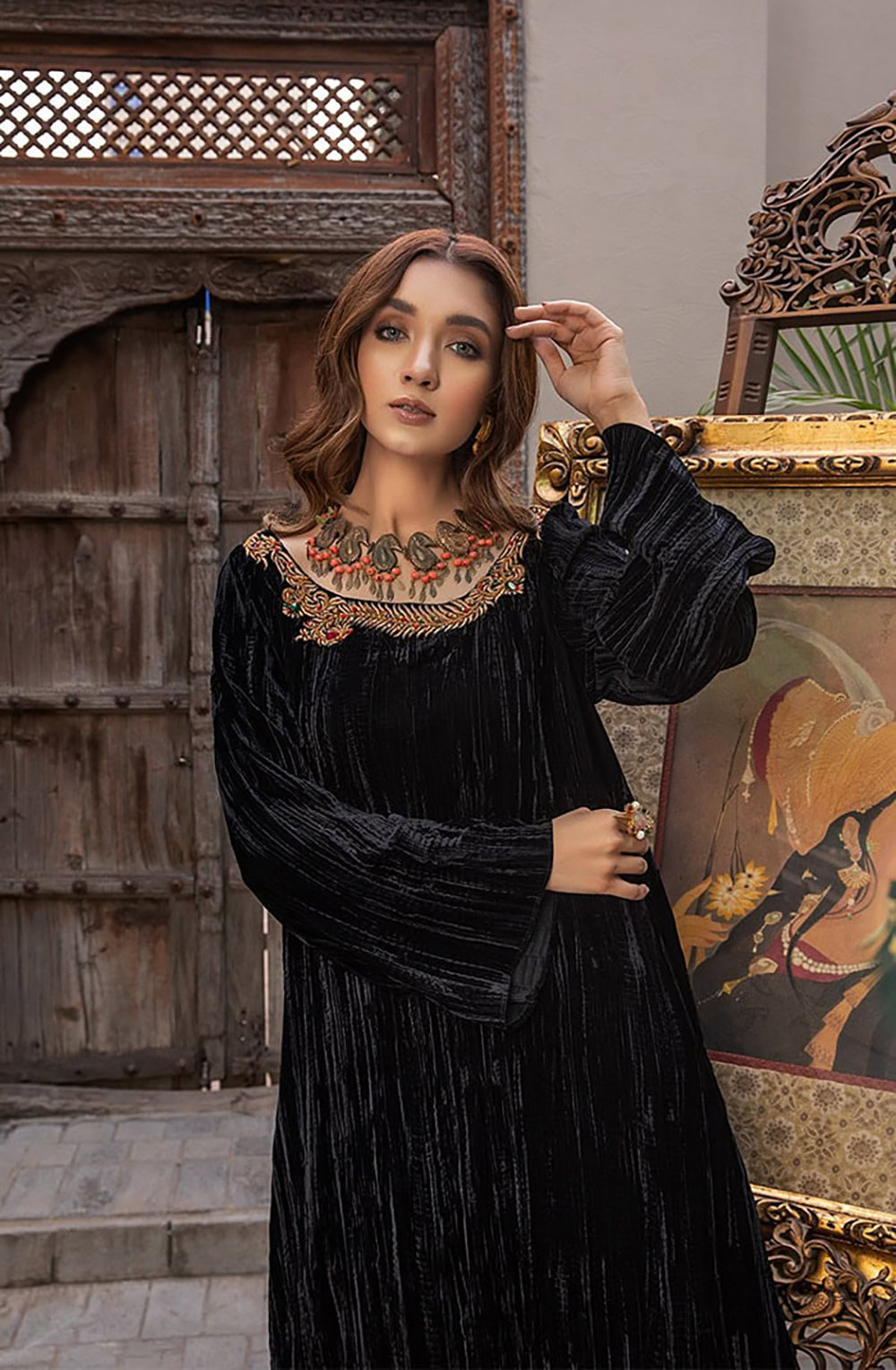 Black Embroidered Velvet Salwar Kameez (3-Piece) - Image 3