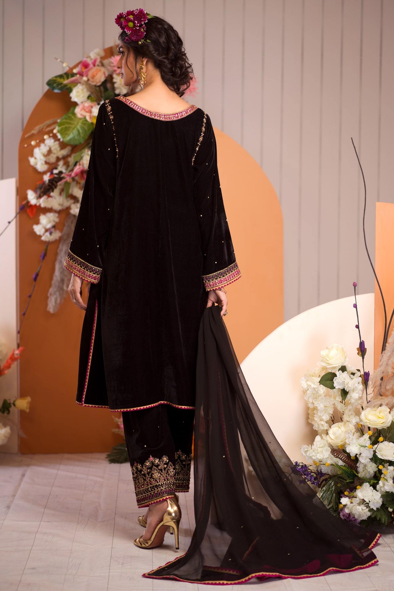 Pakistani Black Embroidered Velvet Salwar Kameez (3-Piece) - Image 3