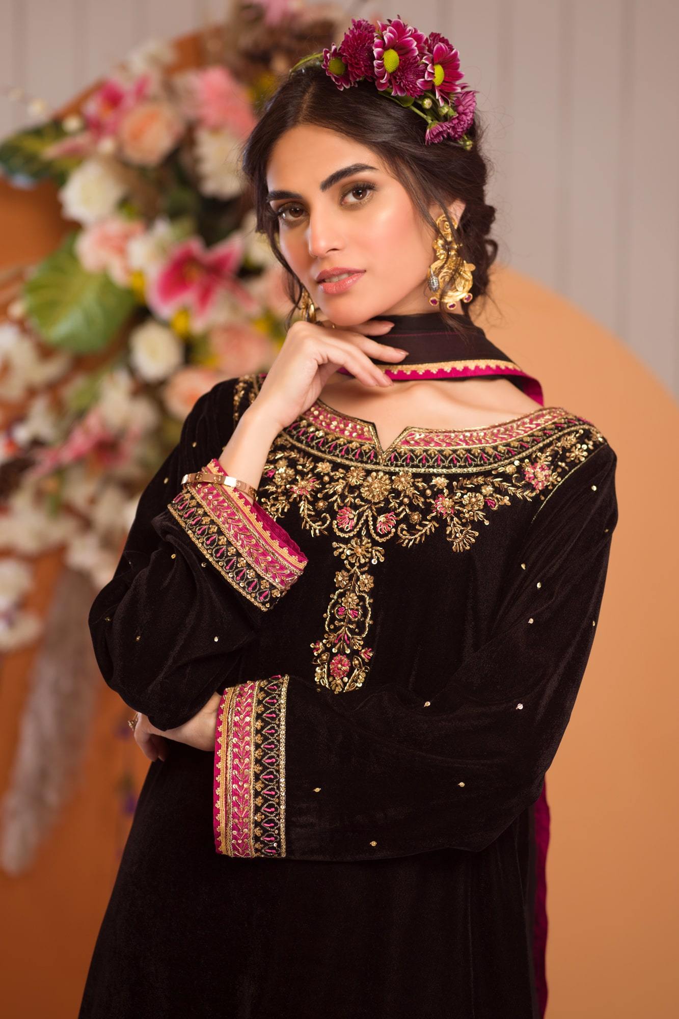Pakistani Black Embroidered Velvet Salwar Kameez (3-Piece) - Image 4
