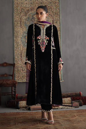 Black Embroidered Velvet Salwar Kameez (3-Piece) - Image 1
