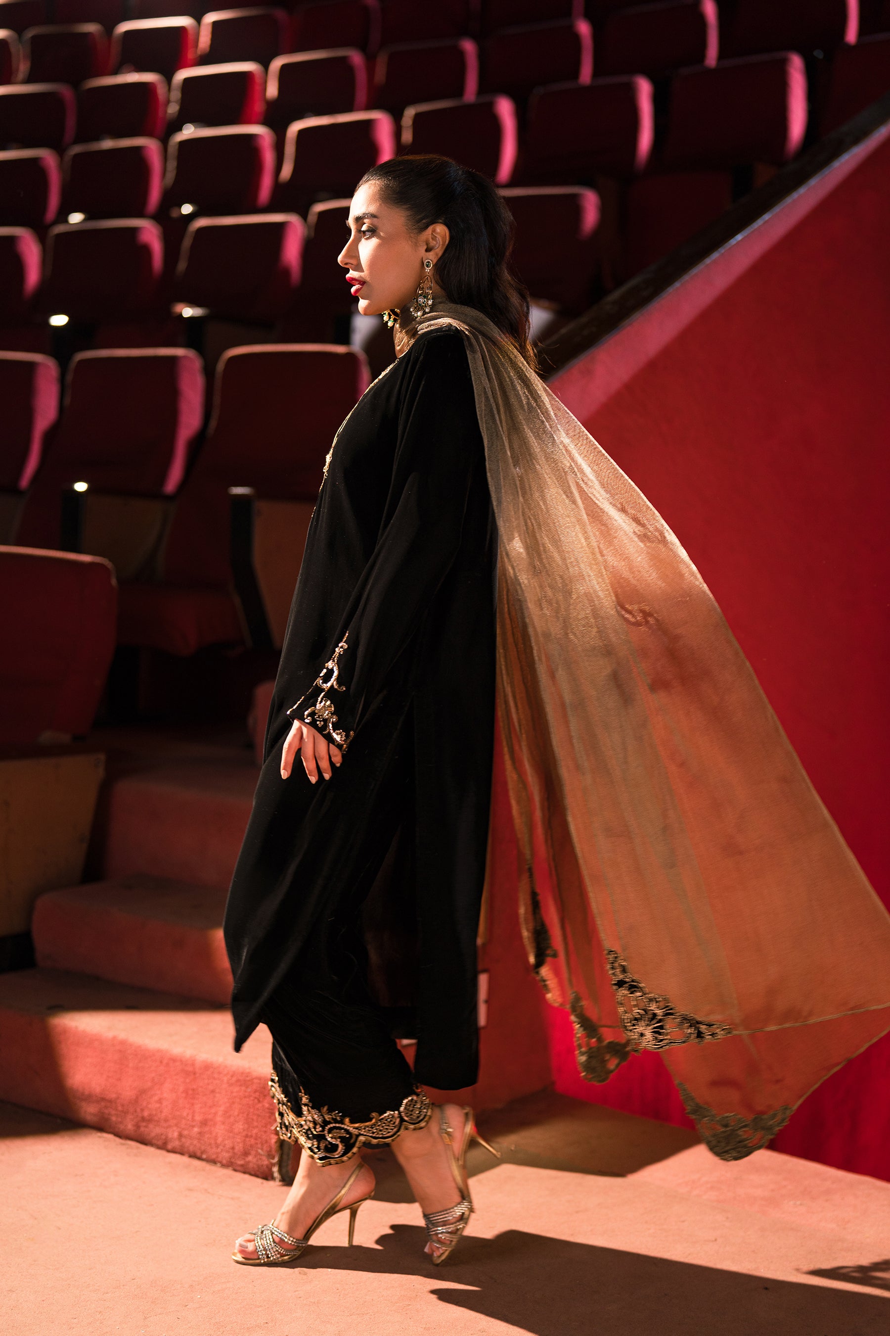 Black Embellished Velvet Salwar Kameez (3-Piece) - Image 4