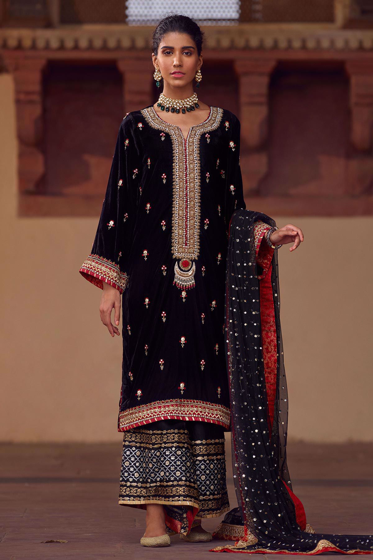 Black Embroidered Velvet Salwar Kameez (3-Piece) - Image 1