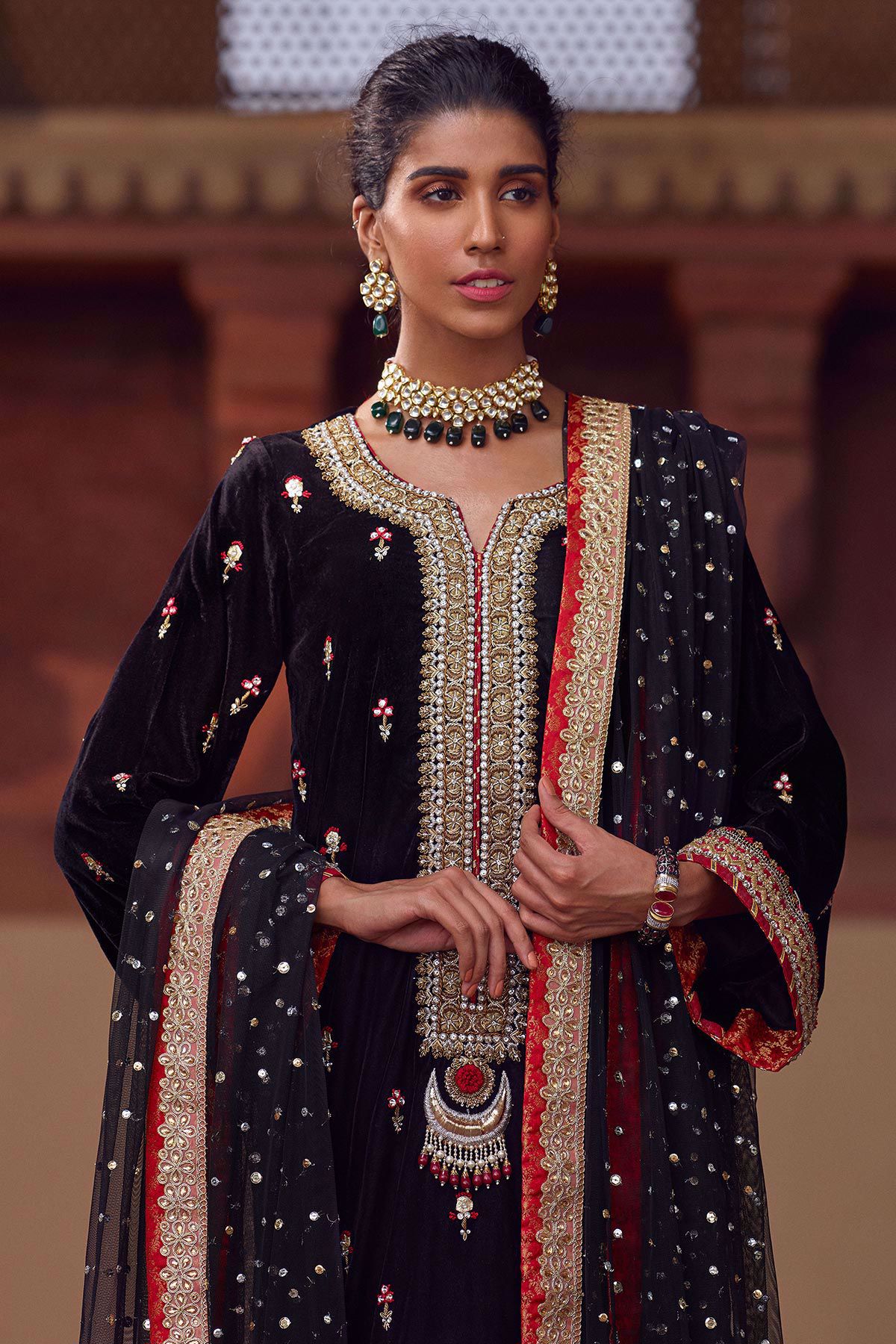 Black Embroidered Velvet Salwar Kameez (3-Piece) - Image 6