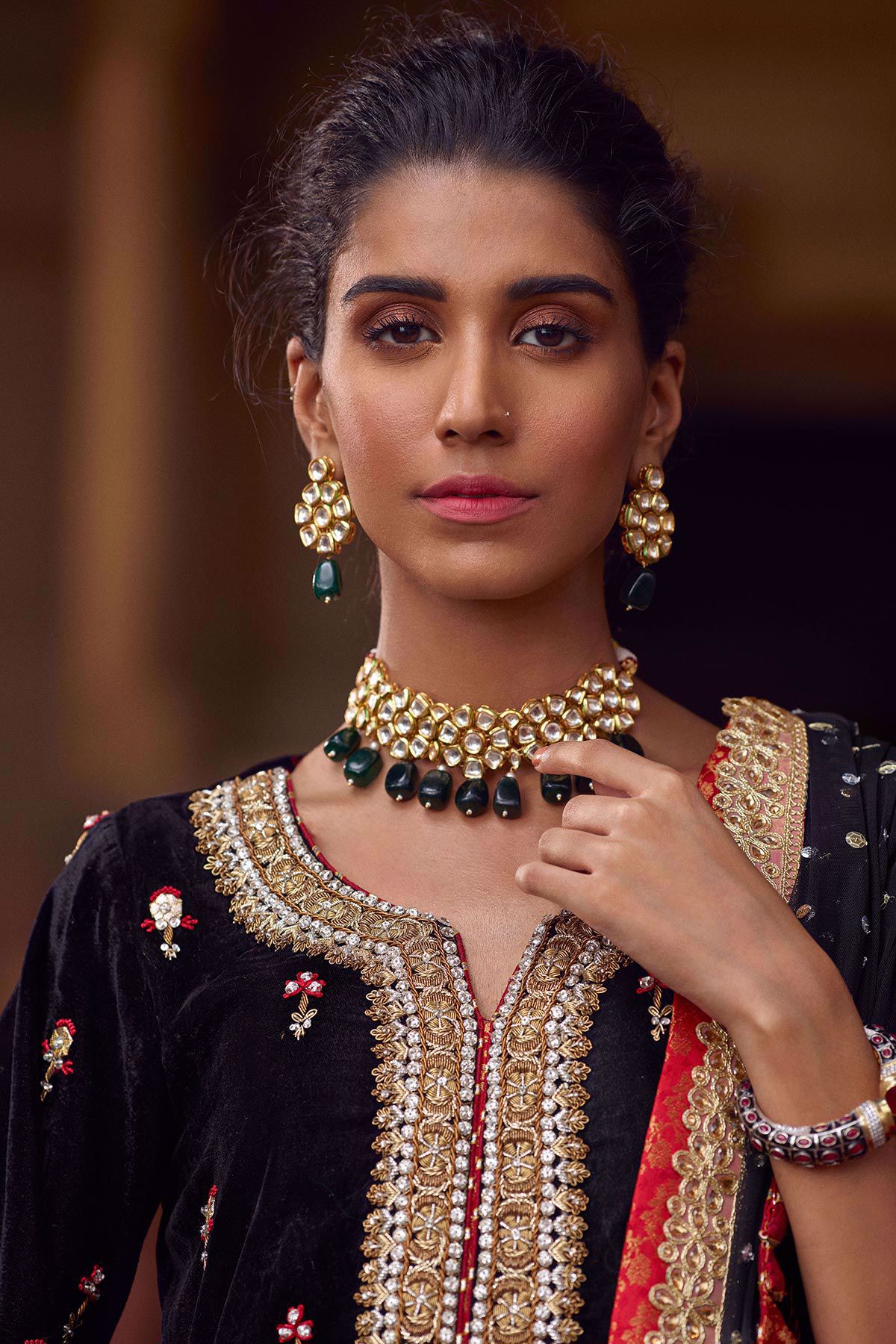 Black Embroidered Velvet Salwar Kameez (3-Piece) - Image 8