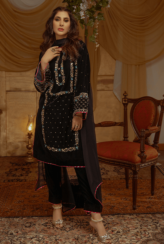 Black Hand Embellished Velvet Salwar Kameez (3-Piece) - Image 2
