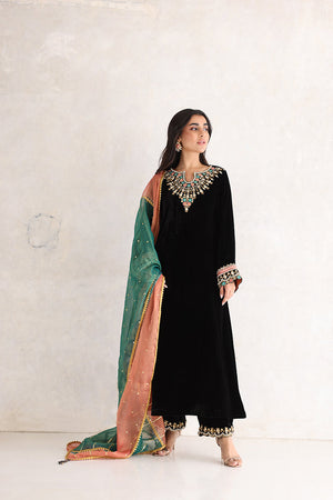 Black Gota Embroidered Pure Velvet Salwar Kameez (3-Piece) - Image 1