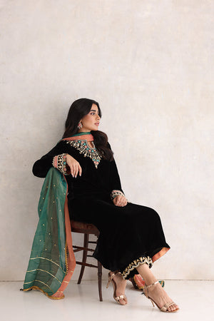 Black Gota Embroidered Pure Velvet Salwar Kameez (3-Piece) - Image 3