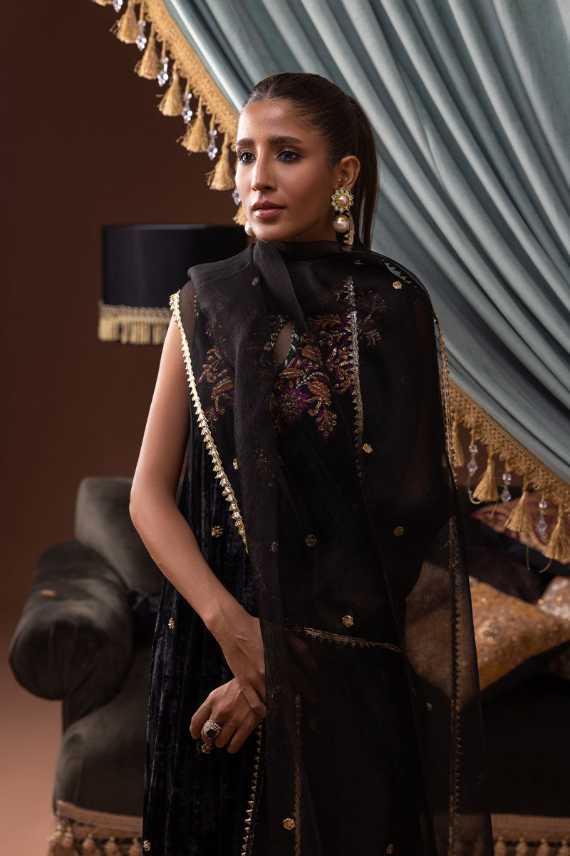 Pakistani Black Handworked Velvet Salwar Kameez (3-Piece) - Image 7