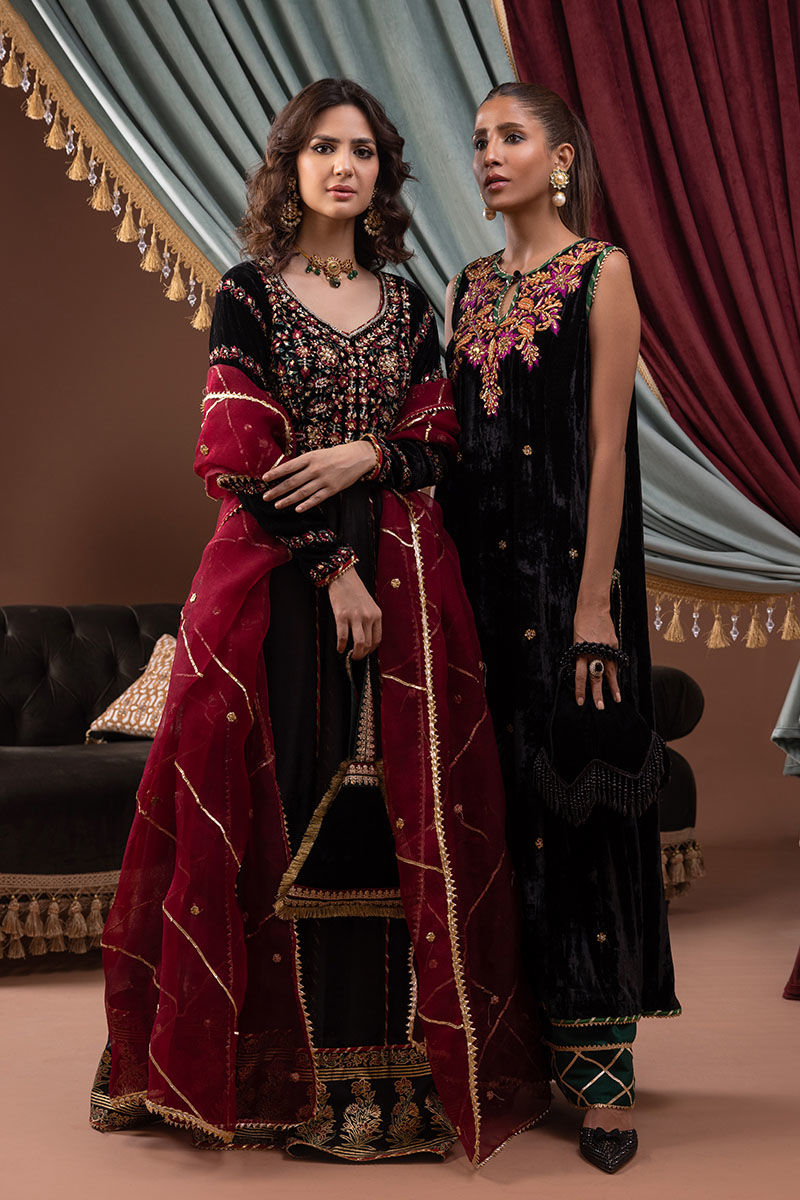 Pakistani Black Handworked Velvet Salwar Kameez (3-Piece) - Image 8