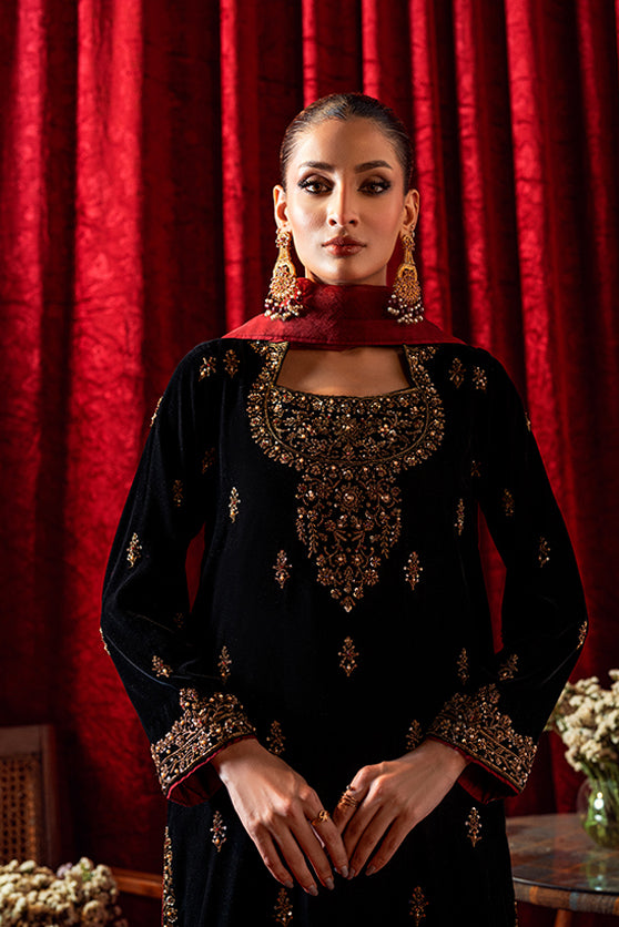 Pakistani Black Embroidered Velvet Salwar Kameez (3-Piece) - Image 1