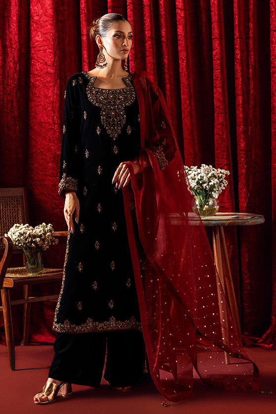 Pakistani Black Embroidered Velvet Salwar Kameez (3-Piece) - Image 3