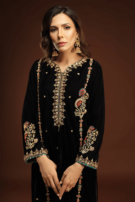 Black Hand-Embroidered Velvet Salwar Kameez (3-Piece) - Image 3