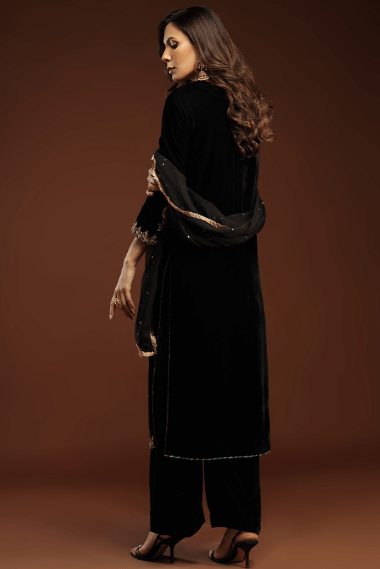 Black Hand-Embroidered Velvet Salwar Kameez (3-Piece) - Image 5