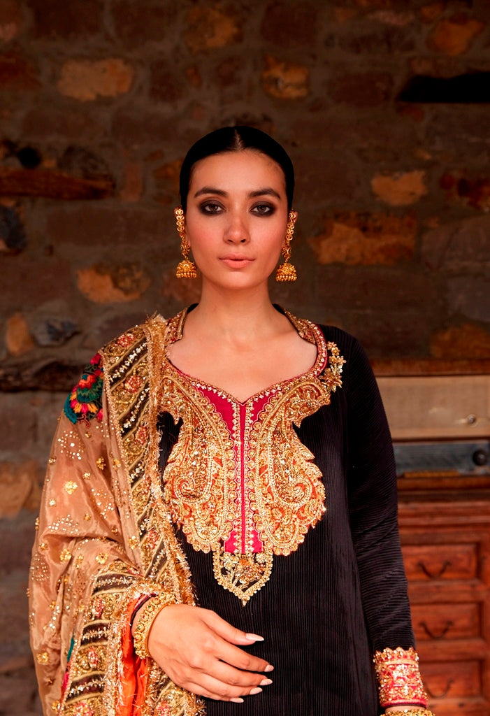 Pakistani Jet Black Embellished Velvet Salwar Kameez (3-Piece) - Image 2