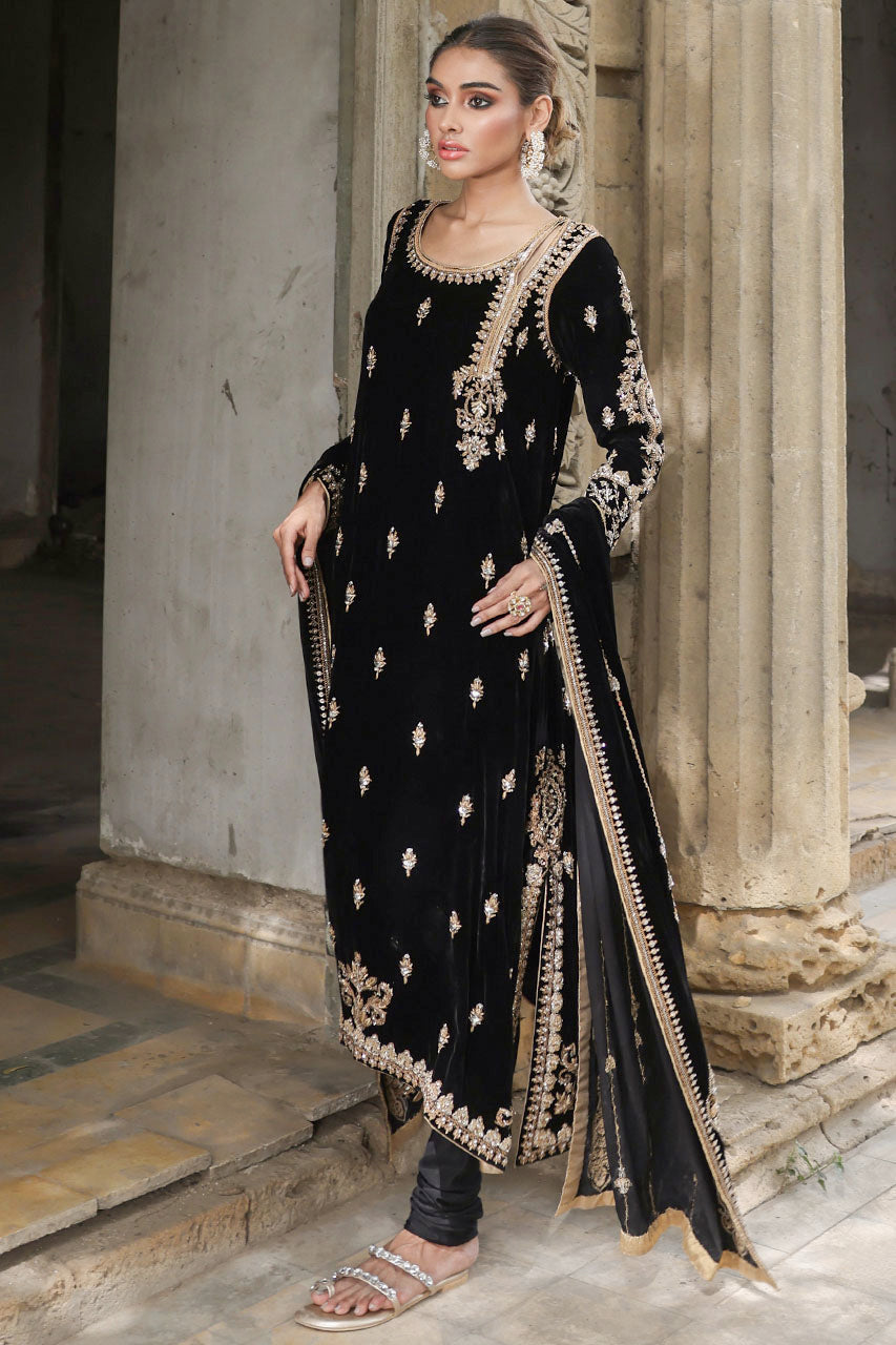Black Marori Kamdani Velvet Kurta Set (3-Piece) - Image 1