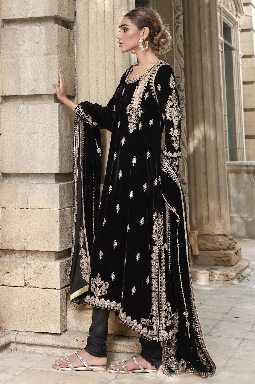 Black Marori Kamdani Velvet Kurta Set (3-Piece) - Image 5