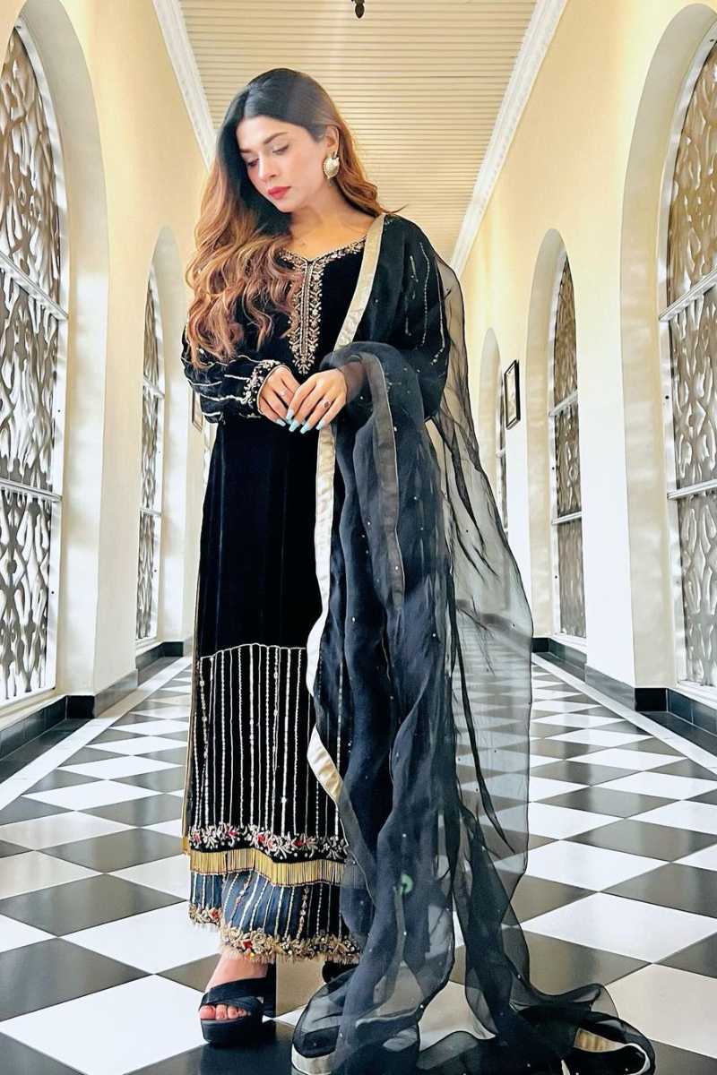 Black Embroidered Velvet Salwar Kameez (3-Piece) - Image 1