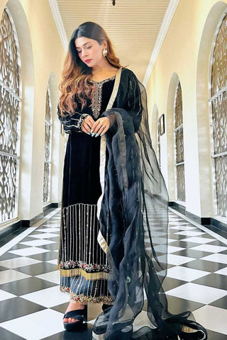 Black Embroidered Velvet Salwar Kameez (3-Piece) - Image 2