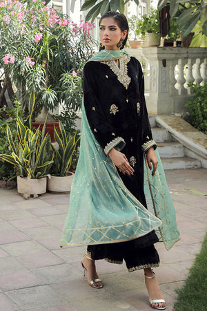 Black Embellished Velvet Salwar Kameez (3-Piece) - Image 3
