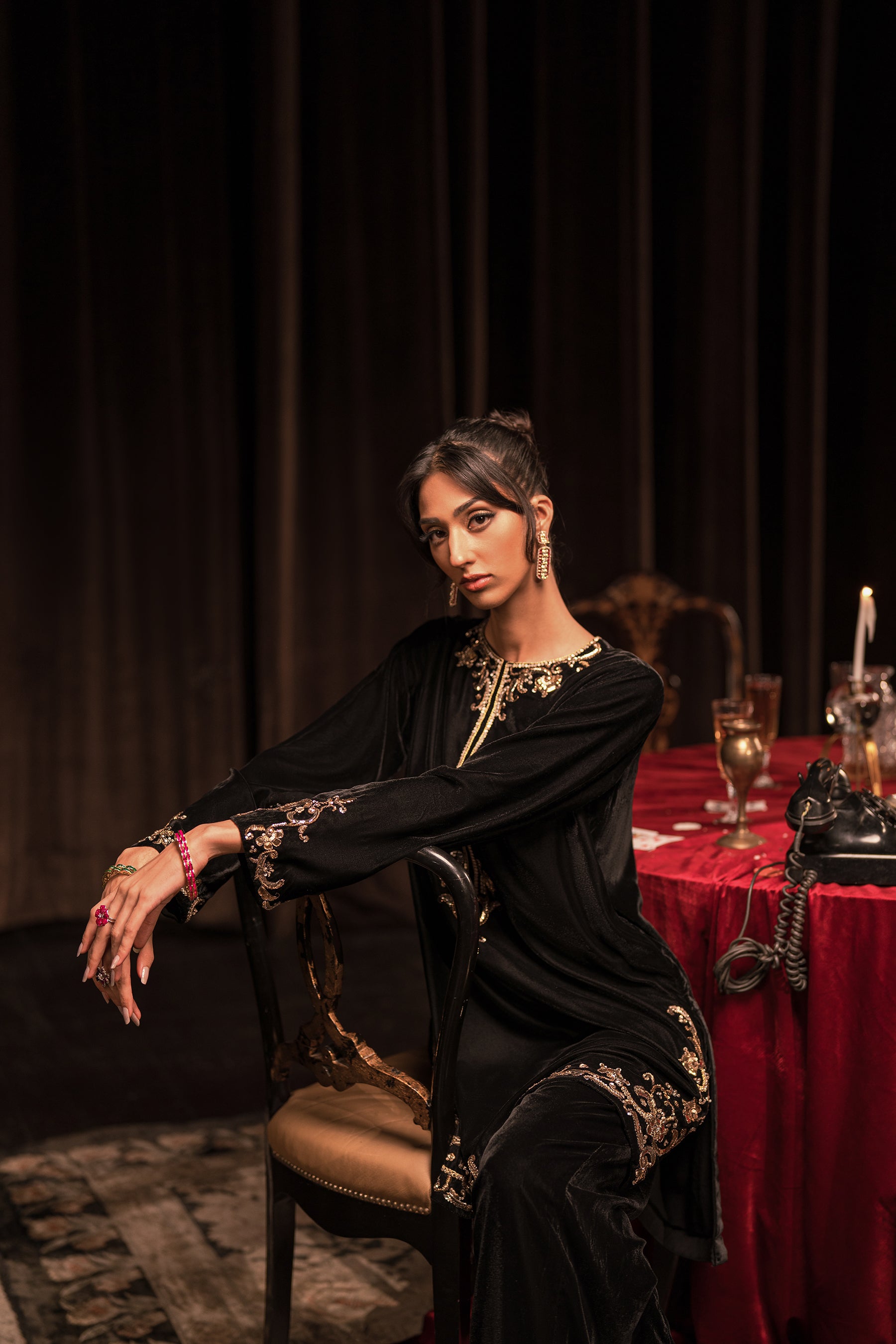 Pakistani Black Mukesh Embellished Velvet Salwar Kameez (3-Piece) - Image 3