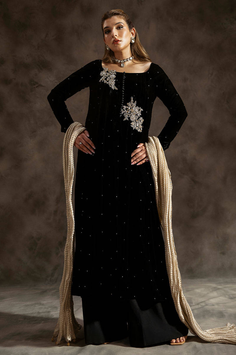 Pakistani Jet Black Embellished Velvet Salwar Kameez (3-Piece) - Image 1