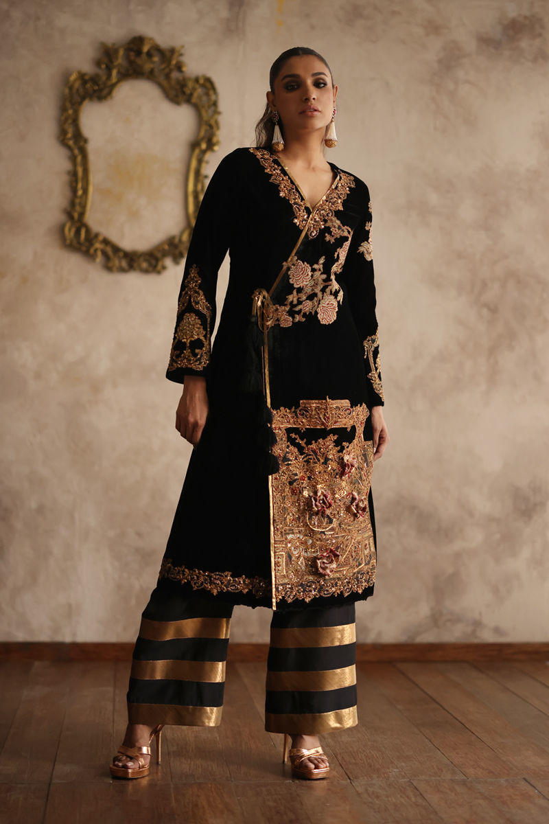 Black Tilla Embroidered Velvet & Silk Kameez (2-Piece) - Image 2