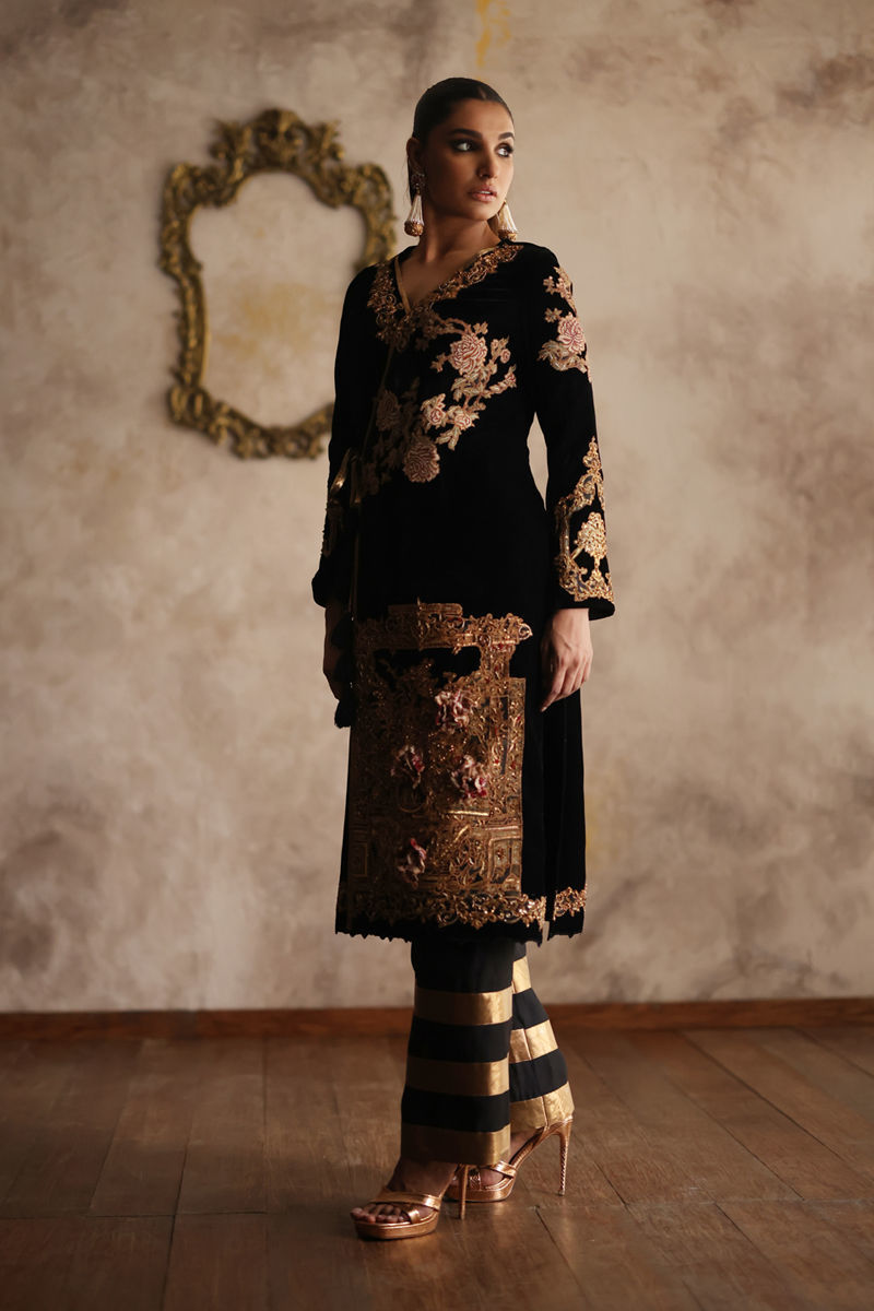 Black Tilla Embroidered Velvet & Silk Kameez (2-Piece) - Image 3
