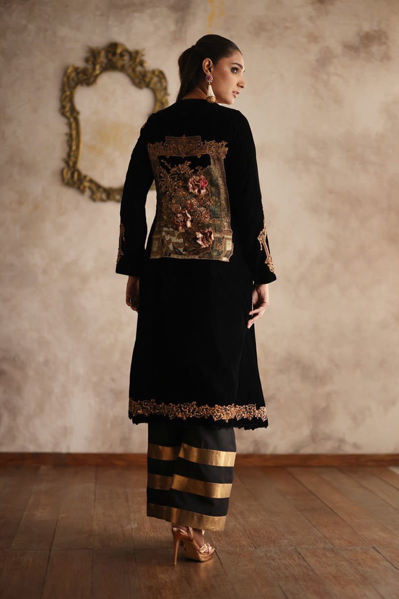 Black Tilla Embroidered Velvet & Silk Kameez (2-Piece) - Image 4