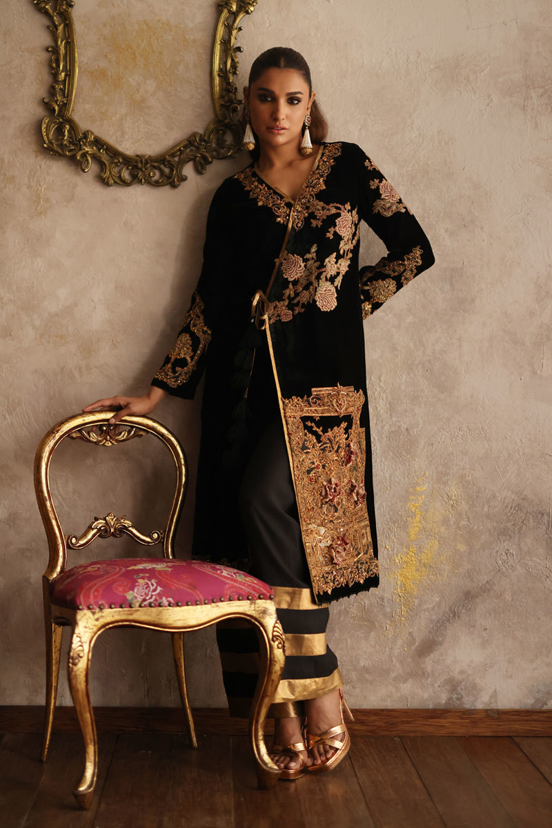 Black Tilla Embroidered Velvet & Silk Kameez (2-Piece) - Image 7