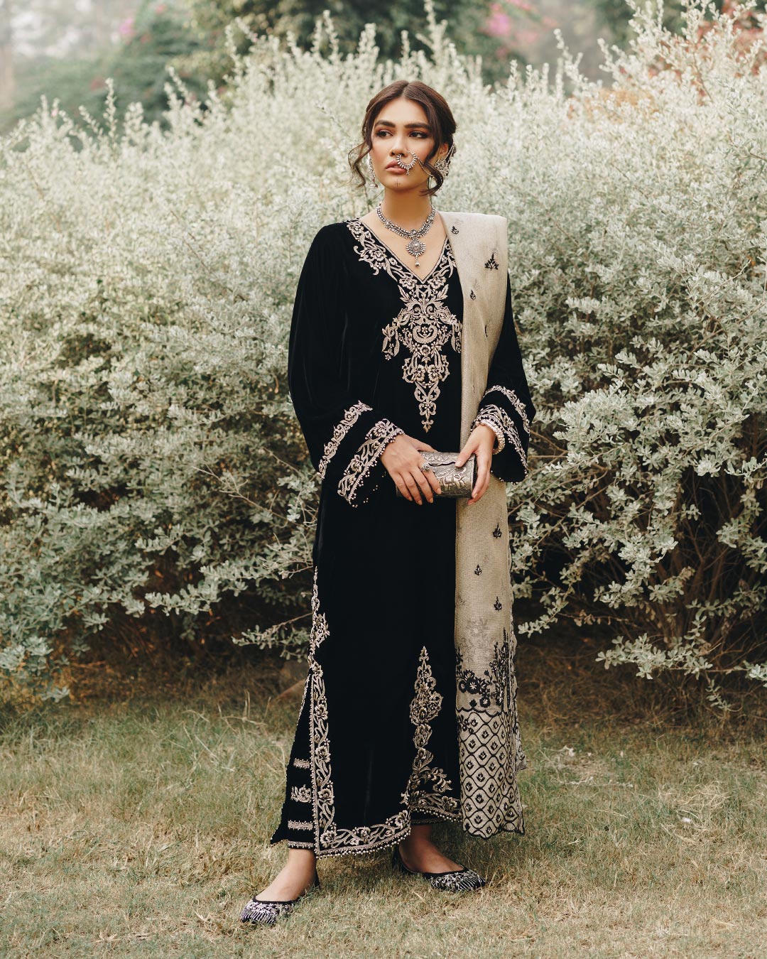 Pakistani Jet Black Embroidered Velvet Salwar Kameez (3-Piece) - Image 1