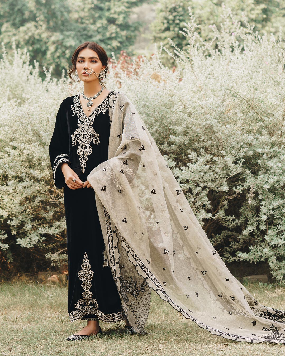 Pakistani Jet Black Embroidered Velvet Salwar Kameez (3-Piece) - Image 2