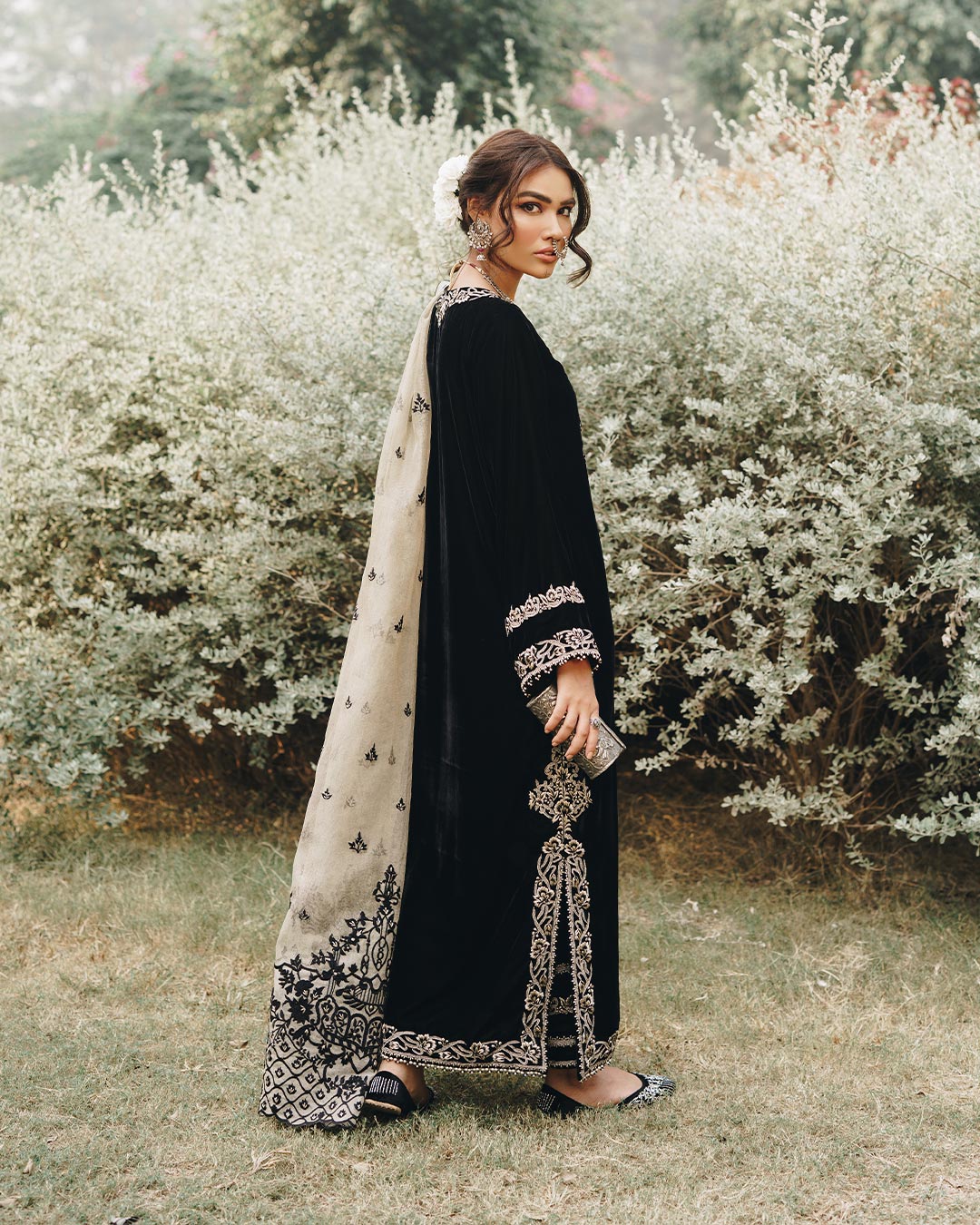 Pakistani Jet Black Embroidered Velvet Salwar Kameez (3-Piece) - Image 4